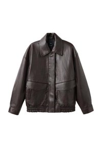 Giacca in pelle marrone con ampio colletto, due tasche frontali e accenti elastici arricciati all'orlo. Texture liscia e lucida.