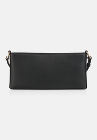 Black rectangular handbag made of smooth leather. Features a simple design with a detachable strap and gold-tone hardware accents.