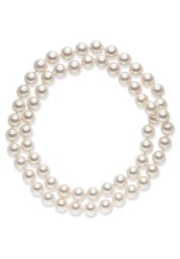 Double strand necklace featuring uniform round white pearls with a smooth surface and high luster, arranged in a circular shape.