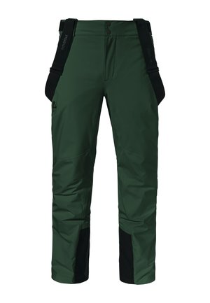 Dunkelgrüne Outdoor-Hosen mit schwarzen verstärkten Säumen und schwarzen verstellbaren Trägern, die an der Taille befestigt sind.