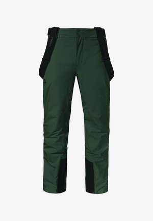 Dunkelgrüne Outdoor-Hosen mit schwarzen verstärkten Säumen und schwarzen verstellbaren Trägern, die an der Taille befestigt sind.