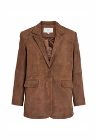 Ruskea mokkalakki, jossa on kaksi nappia, kauluksessa on lovi, läppätaskut ja sileä vuori.