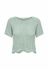 Lys grøn strikket t-shirt med korte ærmer, der har et tekstureret mønster med bølgede kanter og en afslappet pasform.