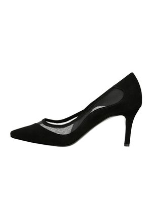 Black suede high-heeled pump with a pointed toe, mesh cutouts on the sides, and a slim heel, featuring a smooth texture and sleek design.