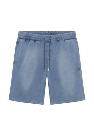 Blå afslappede shorts med elastisk talje, snor, sidelommer og diskret mærkelogo på højre ben.