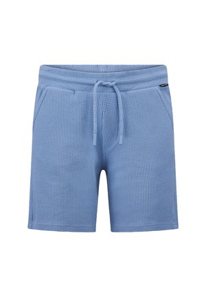 Lichtblauwe shorts gemaakt van gestructureerd materiaal. Voorzien van een elastische tailleband met een trekkoord en twee zijzakken.