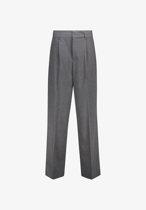 Pantalons gris ajustés avec une jambe droite, dotés de plis avant, d'une texture lisse et d'un design de taille classique.
