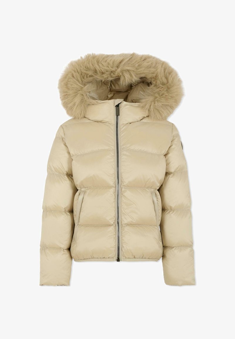 Giubbotto imbottito beige con chiusura a zip, polsini elastici e cappuccio con bordo in pelliccia. Realizzato in materiale lucido e imbottito con un design a trapuntatura.