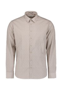 Lange mouw knoopsluiting overhemden in lichtbeige met een geometrisch patroon. Zachte stof, standaard kraag en ronde manchetten met knoopdetails.