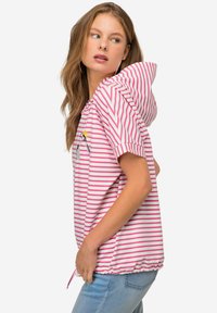 Sudadera de manga corta en rayas rosas y blancas, con un dobladillo ajustable y bordado floral en la parte frontal. Tejido ligero.