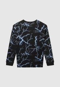 Maglietta nera a maniche lunghe con motivo a zig zag blu. Realizzata in tessuto morbido con polsini e scollo a coste.