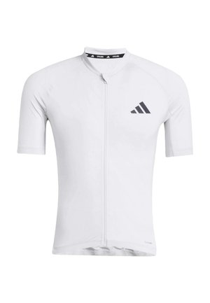 Kurzärmeliges Radtrikot aus weißem Stoff mit einem Reißverschluss vorne. Verfügt über ein schwarzes Logo auf der Brust und eine glatte, leichte Textur.