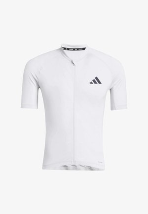 Kurzärmeliges Radtrikot aus weißem Stoff mit einem Reißverschluss vorne. Verfügt über ein schwarzes Logo auf der Brust und eine glatte, leichte Textur.