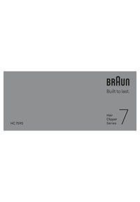 Verpackung des Braun Haarschneiders Serie 7 mit Modell HC 7590, Slogan "Hergestellt für Langlebigkeit," auf grauem Hintergrund.