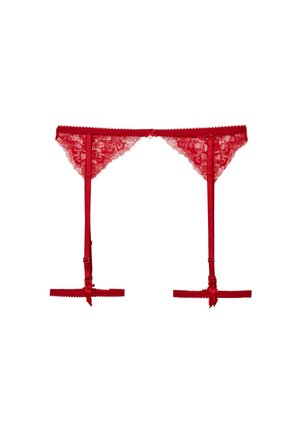 Cintura di pizzo rosso con fascette in satin regolabili, motivo floreale, bordi scallop e fiocchetti decorativi nei punti di attacco.