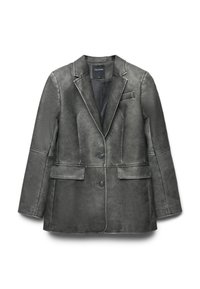 Blazer grigio strutturato con una texture liscia, due tasche frontali, chiusura a bottone singolo e dettagli di cucitura a contrasto. Etichetta: Calliope.