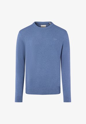 Blauw textuurtrui met een ronde hals, lange mouwen en geribde manchetten en zoom. Voorzien van een klein logo op de borst.