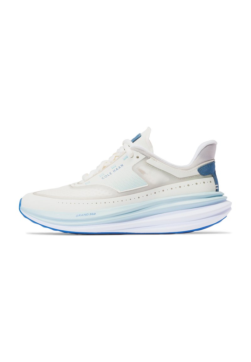 Weißer Sportschuh mit einer mehrschichtigen Sohle in einem Farbverlauf von Blau. Verfügt über Netzstoffeinsätze, flache Schnürsenkel und eine Markenkennzeichnung an der Seite.