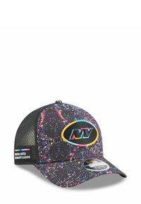 Schwarze Kappe mit einem bunten Spritzmuster, gesticktem Logo-Patch, Mesh-Rücken und einem gebogenen Schild mit einem Markenetikett.