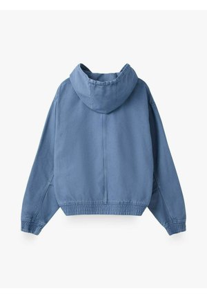 Blauer Kapuzenpullover mit elastischen Bündchen und Saum, von hinten auf weißem Hintergrund gezeigt.