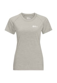 T-shirt grigio chiaro a maniche corte realizzato in tessuto morbido. Presenta un colletto rotondo e un piccolo logo sulla parte sinistra del petto.