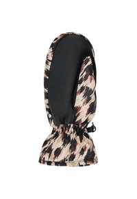 Schwarze Lederhandschuh mit einem gemusterten Stoffbezug in erdigen Tönen, mit einem gerafften Handgelenk und einem verstellbaren Riemen für einen sicheren Sitz.