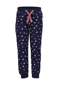 Marineblaue Sweatpants mit verstreuten rosa und hellrosa Herzmustern, elastischem Bund und strukturiertem Kordelzug. Bündchen am Knöchel.