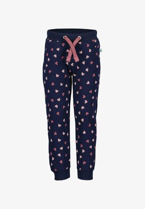 Marineblauwe sweatpants met verspreide roze en lichtroze hartpatronen, elastische tailleband en een gestructureerde trekkoord. Boord bij de enkel.