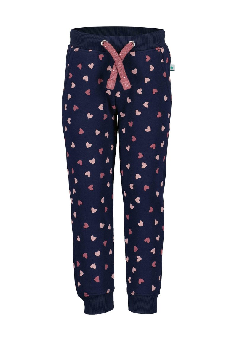 Marineblaue Sweatpants mit verstreuten rosa und hellrosa Herzmustern, elastischem Bund und strukturiertem Kordelzug. Bündchen am Knöchel.