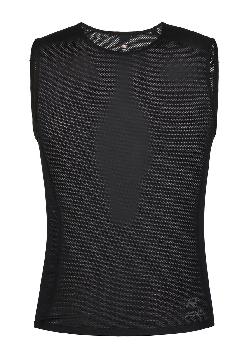 Svart ärmlös sportmesh-top med en ventilerande design, rund halsringning och en mjuk textur med en subtil varumärkesdetalj längst ner.