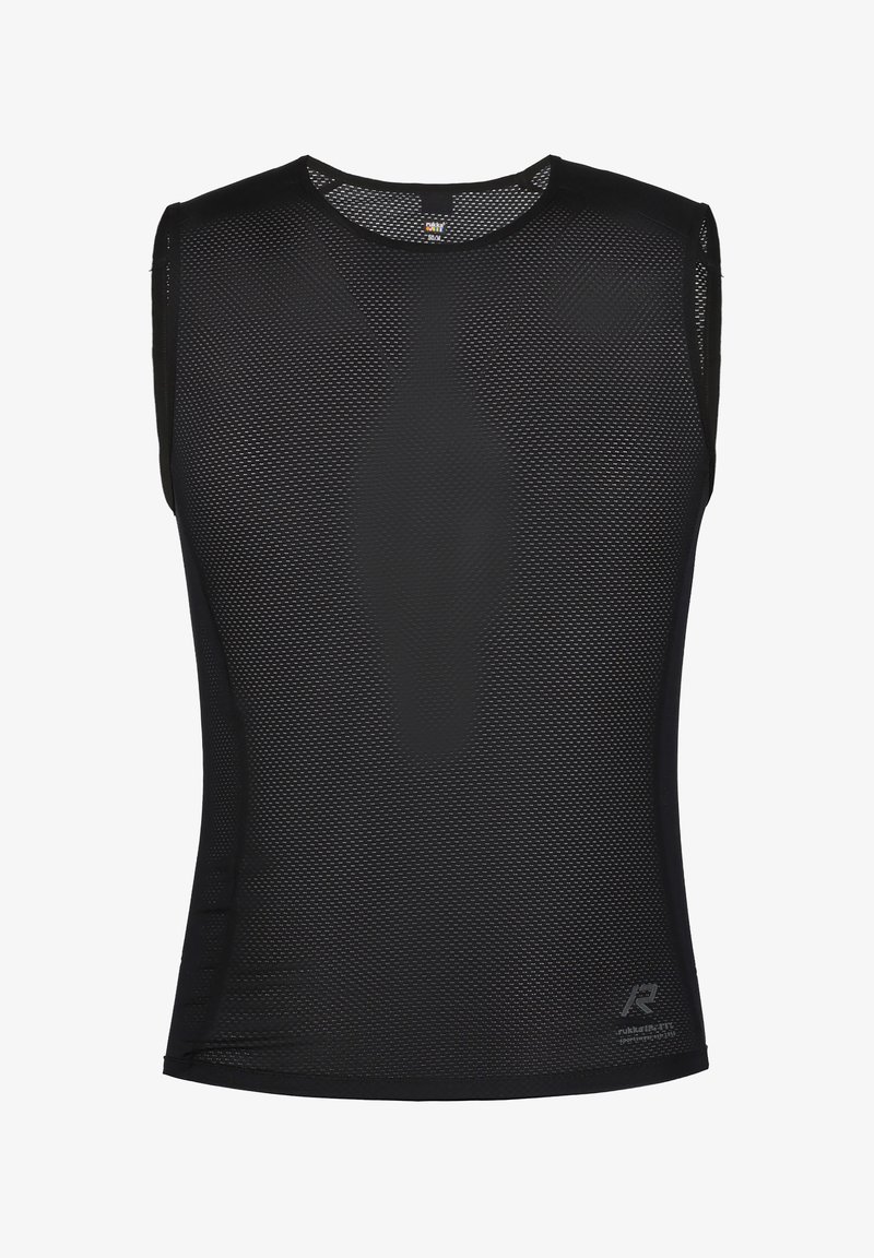 Svart ärmlös sportmesh-top med en ventilerande design, rund halsringning och en mjuk textur med en subtil varumärkesdetalj längst ner.