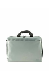 Bolsa para portátil gris acolchada con asa superior, cierre de cremallera y bolsillo frontal. Presenta un material liso y duradero con acentos negros.