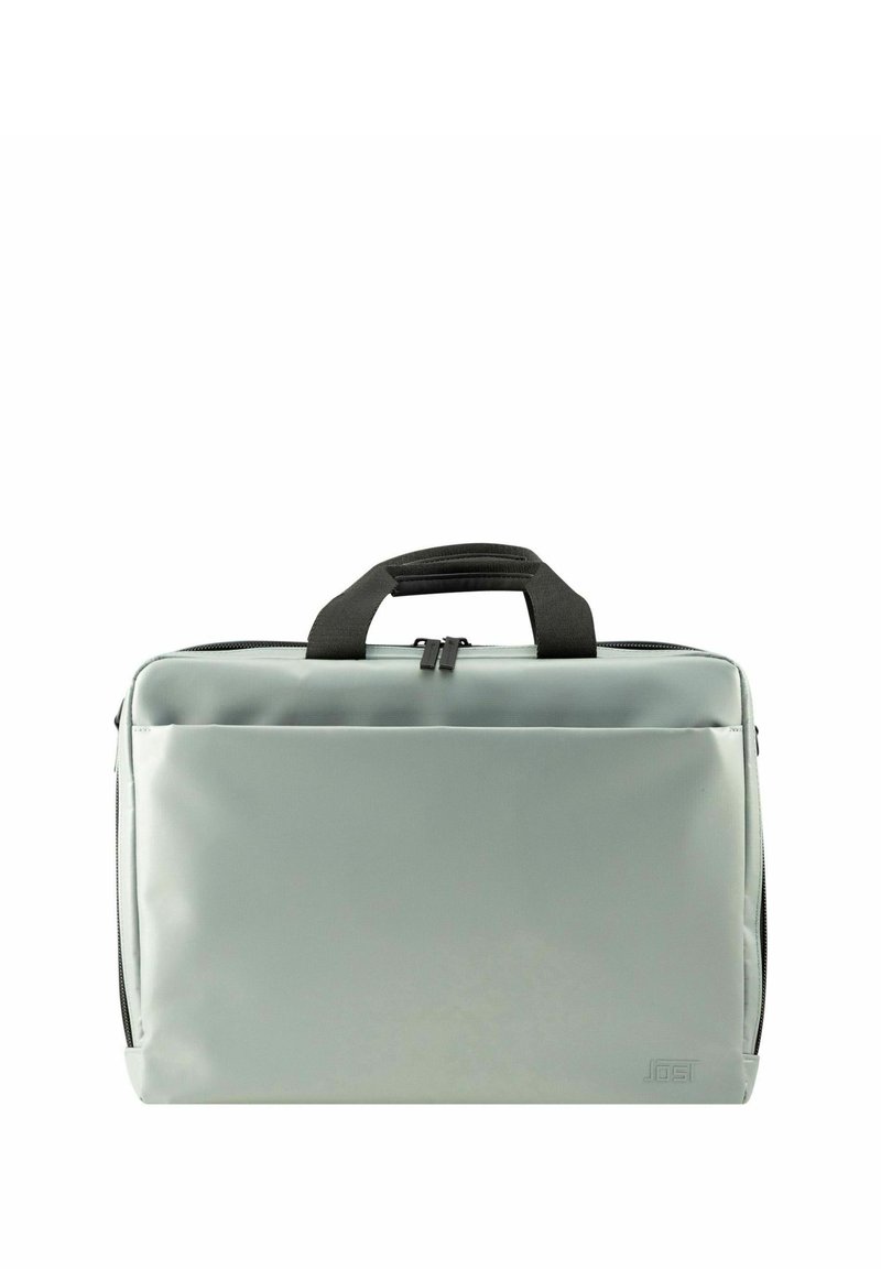 Bolsa para portátil gris acolchada con asa superior, cierre de cremallera y bolsillo frontal. Presenta un material liso y duradero con acentos negros.