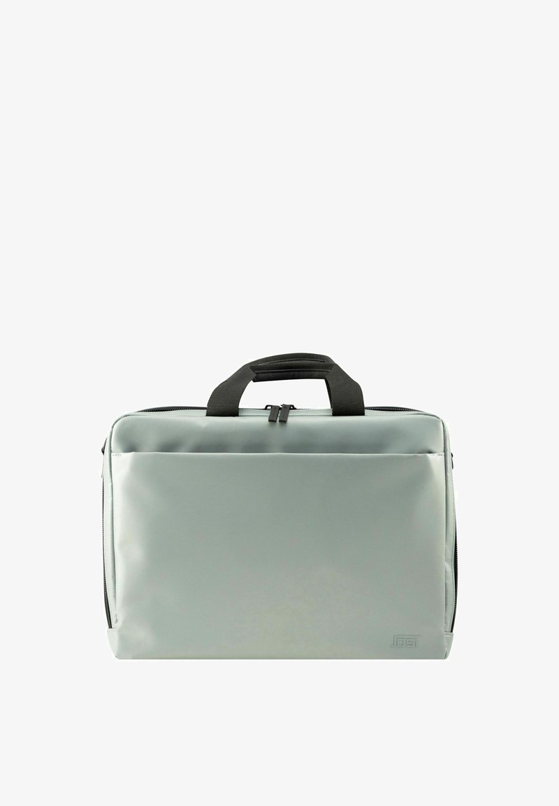 Bolsa para portátil gris acolchada con asa superior, cierre de cremallera y bolsillo frontal. Presenta un material liso y duradero con acentos negros.