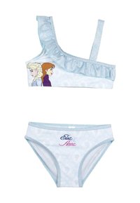 Completo da bagno composto da un top blu monospalla con volant e grafiche di personaggi, abbinato a un fondo stampato con "Elsa & Anna".