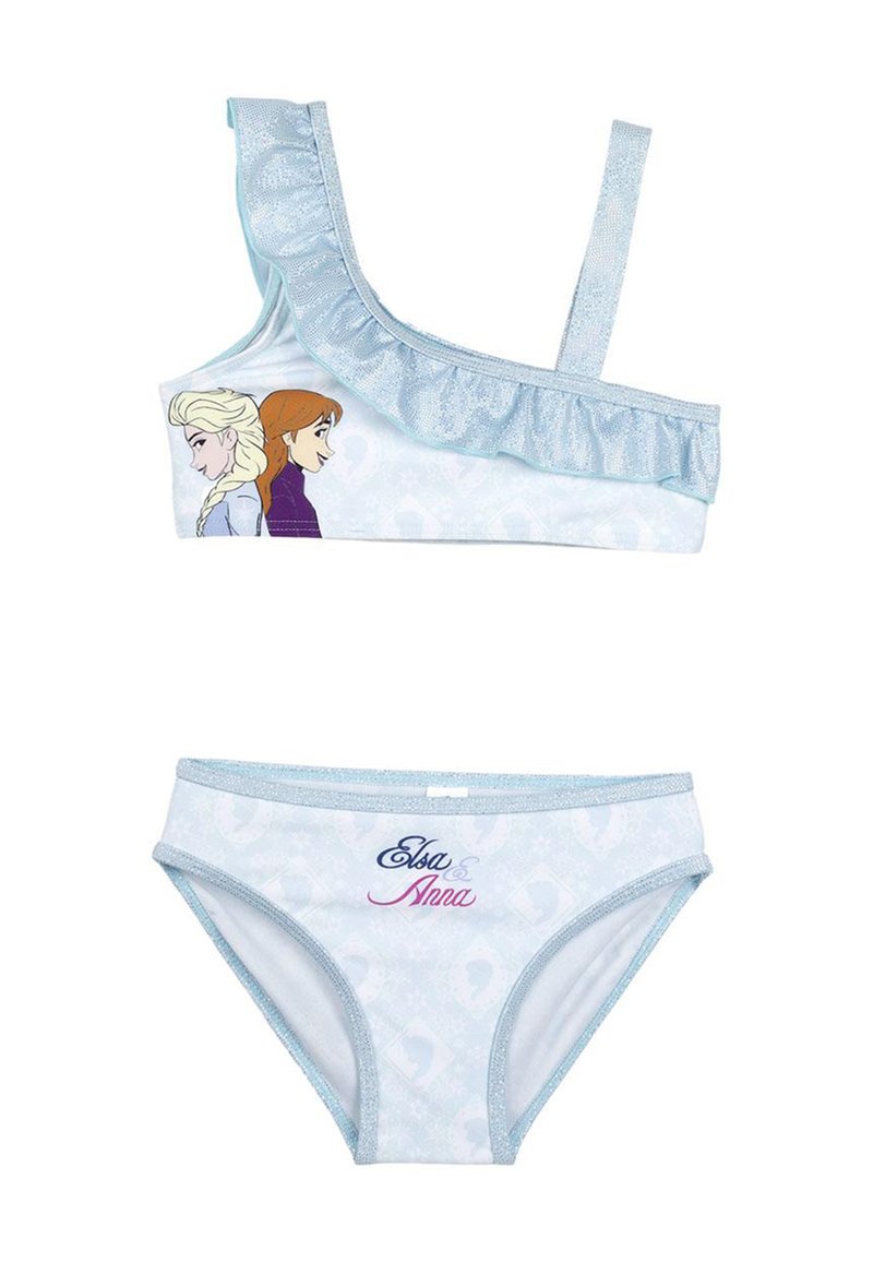 Completo da bagno composto da un top blu monospalla con volant e grafiche di personaggi, abbinato a un fondo stampato con "Elsa & Anna".