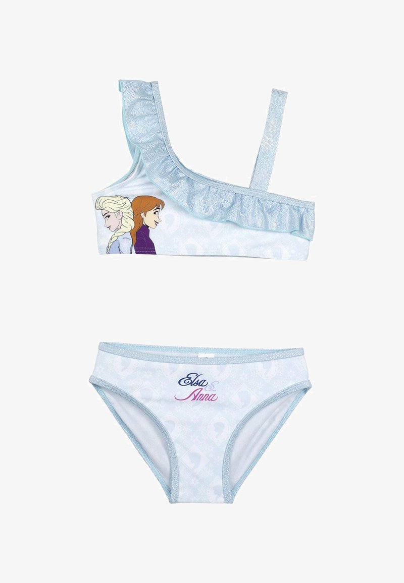 Completo da bagno composto da un top blu monospalla con volant e grafiche di personaggi, abbinato a un fondo stampato con "Elsa & Anna".