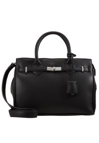 Black leather handbag with rounded handles, detachable shoulder strap, silver hardware, flat bottom, and a textured surface. Features a small tag.