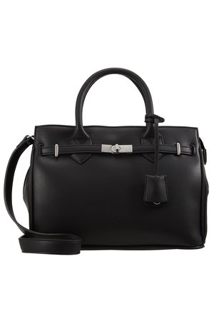 Sac à main en cuir noir avec poignées arrondies, bandoulière amovible, quincaillerie en métal argenté, fond plat et surface texturée. Présente une petite étiquette.