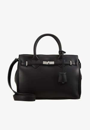 Zwarte leren handtas met ronde handvatten, afneembare schouderriem, zilveren hardware, vlakke bodem en een gestructureerd oppervlak. Heeft een klein label.