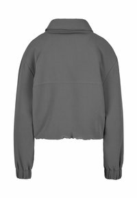 Cropped, gray jacket featuring a collared neckline, long sleeves, elastic cuffs, and a smooth fabric texture with a clean design.