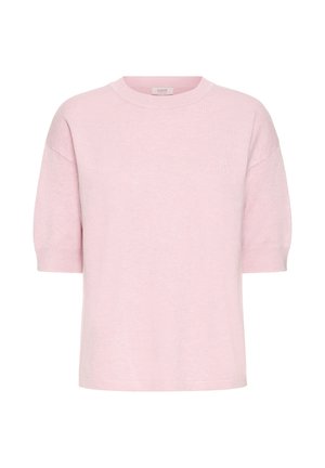 Haut rose clair à manches courtes en matière douce. Caractéristiques : encolure ronde et coupe décontractée avec épaules tombantes. Design simple, sans motifs.
