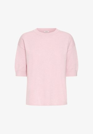 Top de manga corta color rosa claro hecho de material suave. Cuenta con un escote redondo y un ajuste holgado con hombros caídos. Diseño sencillo, sin estampados.