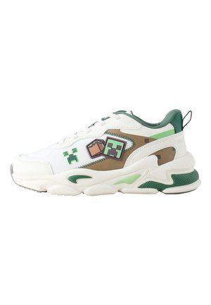 Zapatilla blanca y verde con suela gruesa, con un Creeper verde pixelado y iconos de bloques de Minecraft en el lateral.
