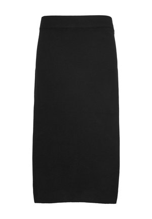 Black knee-length skirt made of soft, stretchy fabric. Features a smooth, elastic waistband and a simple, straight cut design with no patterns.