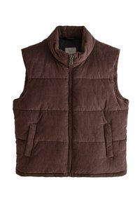 Braune Cord-Puffer-Weste mit hohem Kragen, Frontreißverschluss und zwei Seitentaschen; verfügt über eine gesteppten Polsterung zur Isolierung.
