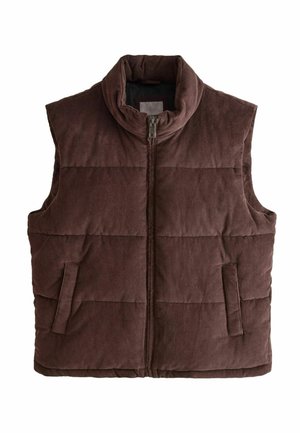 Braune Cord-Puffer-Weste mit hohem Kragen, Frontreißverschluss und zwei Seitentaschen; verfügt über eine gesteppten Polsterung zur Isolierung.