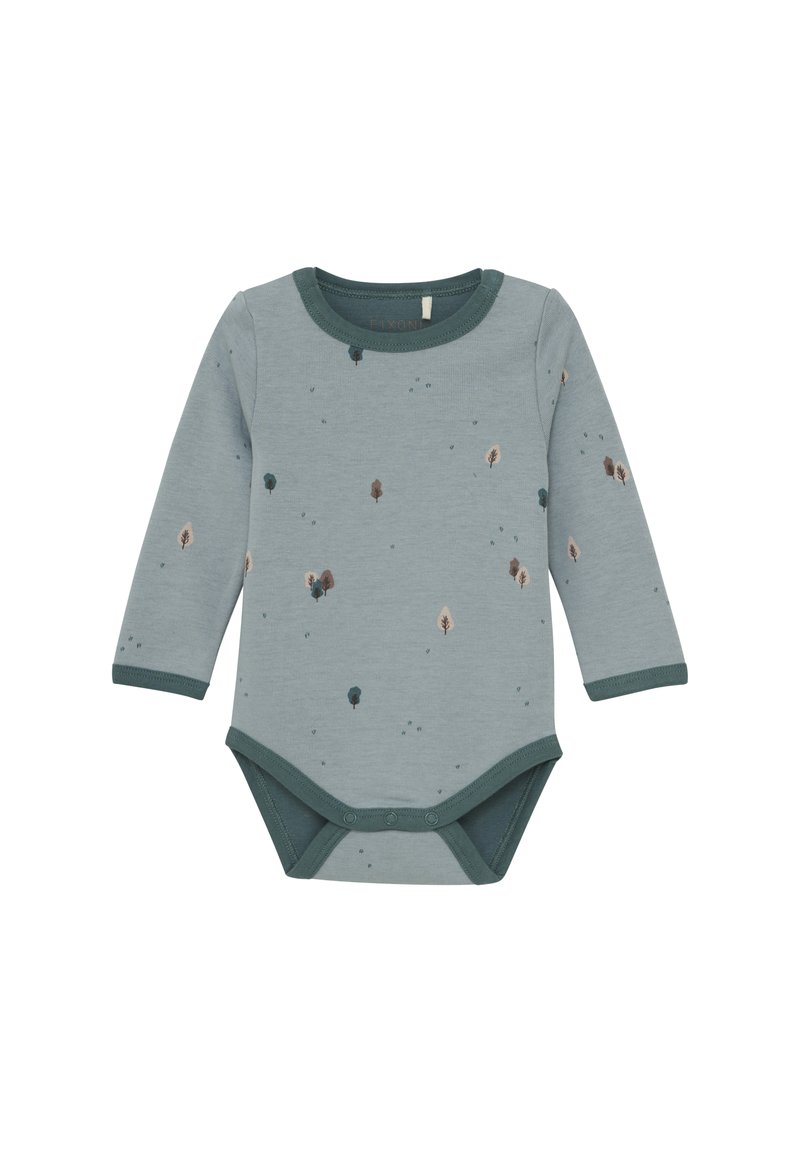 Ljusblå långärmad body med mörkgröna detaljer; har ett spritt trädmönster i brunt och grönt; mjukt bomullsmaterial.