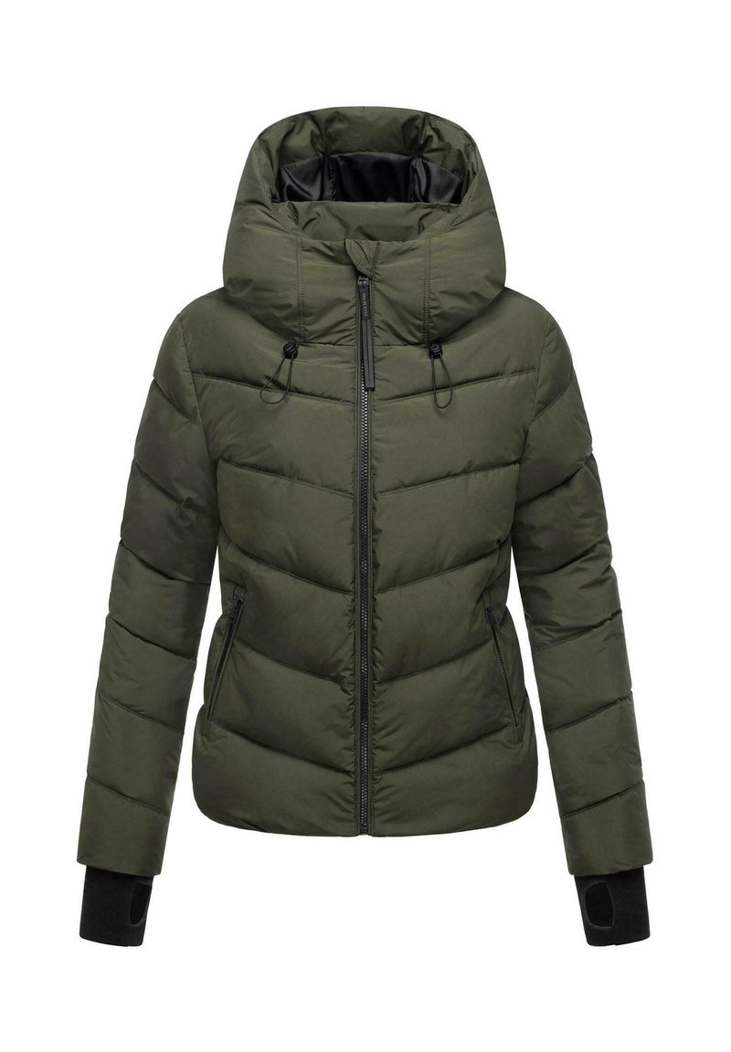 Olive green padded winter jacket with high collar, front zipper, drawstring hood, two zippered side pockets, and black wrist cuffs with thumb holes.