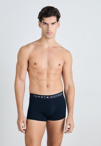 Schwarze Baumwoll-Boxershorts mit einem elastischen Bund, der das Logo "TOMMY HILFIGER" in Weiß, Rot und Blau präsentiert. Glatte Textur.
